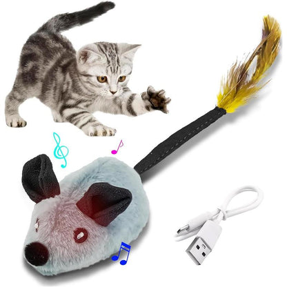 LED Interactive Cat Mouse Toy — USB Rechargeable, Motion-Activated Sounds & Feather Tail