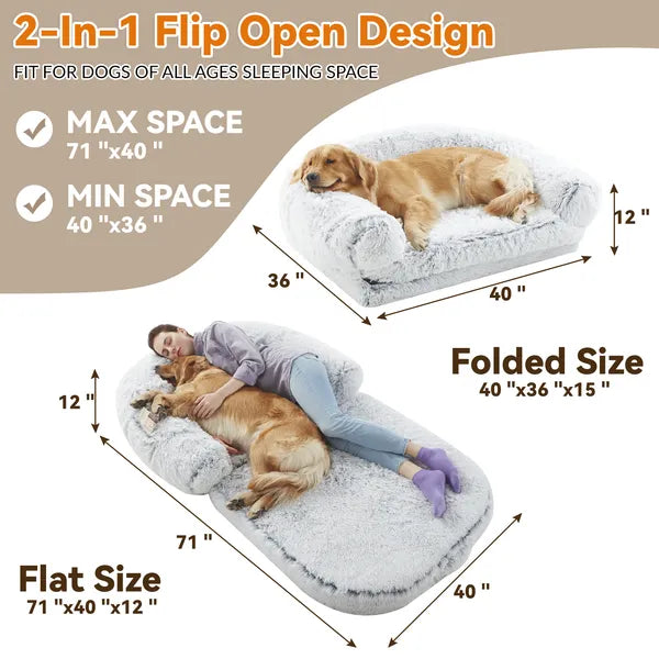 SnuggleFold™ 2-in-1 Human & Dog Lounge Bed — Flip-Open Design, Ultra-Plush, Washable Cover