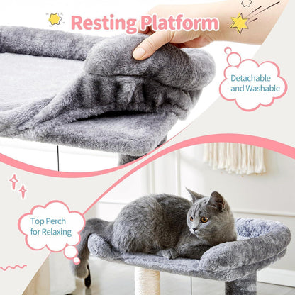 4-in-1 Cat Tree Tower — Play, Scratch, Groom & Rest — Sisal Post, Self-Grooming Brush, Toy Balls