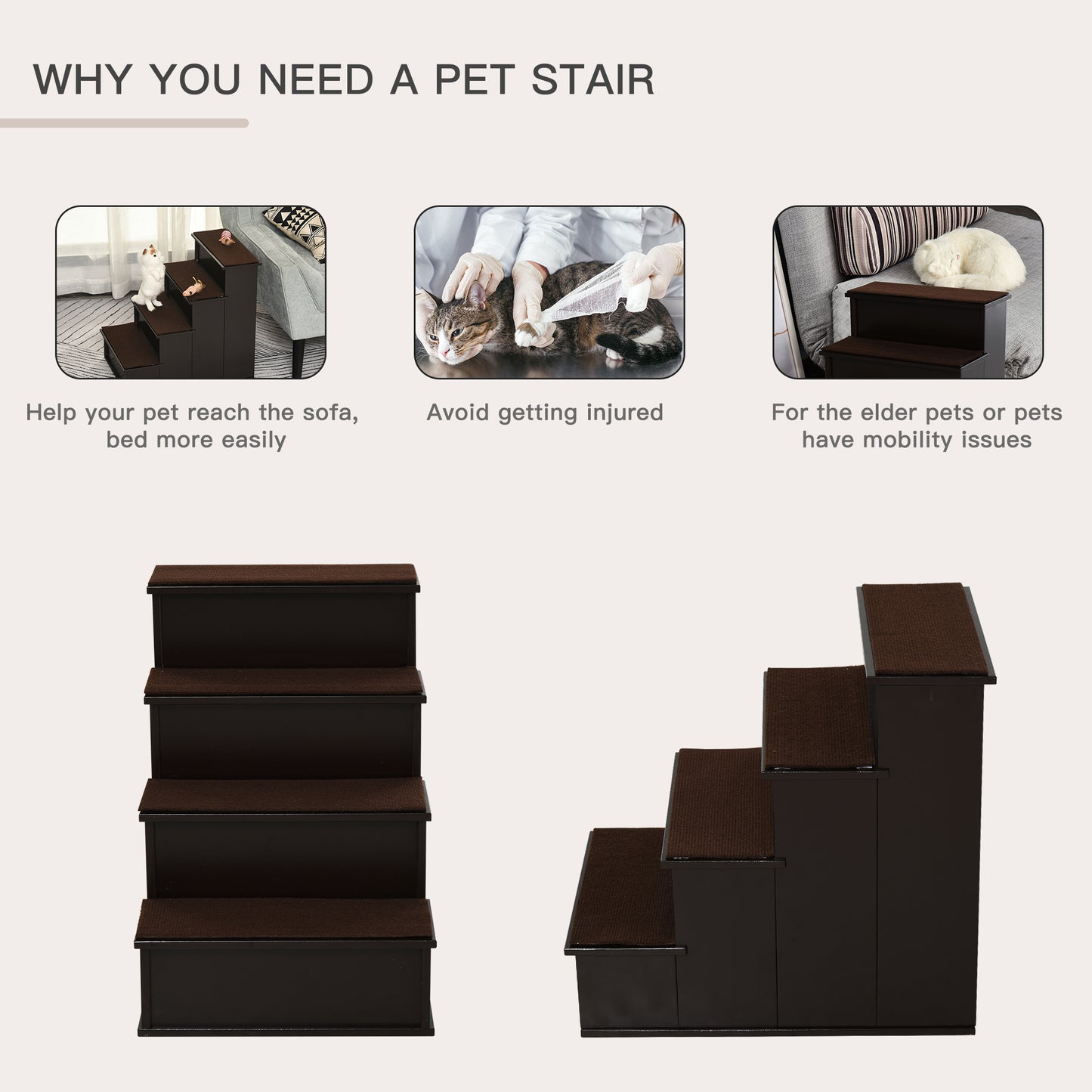 Cushioned Pet Stairs for Small Dogs & Cats – Removable Cover, Brown