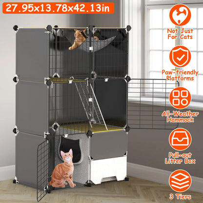 3-Tier Indoor Cat Cage — Cozy Condo with Hammock & Litter Box Space