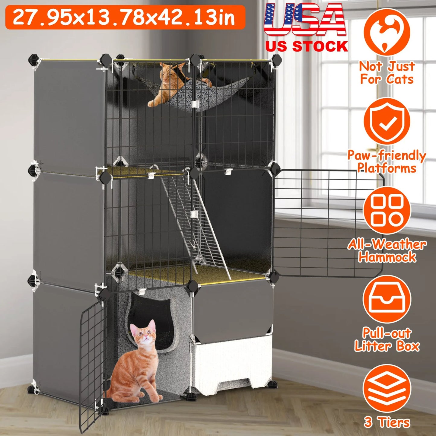 3-Tier Indoor Cat Cage — Cozy Condo with Hammock & Litter Box Space