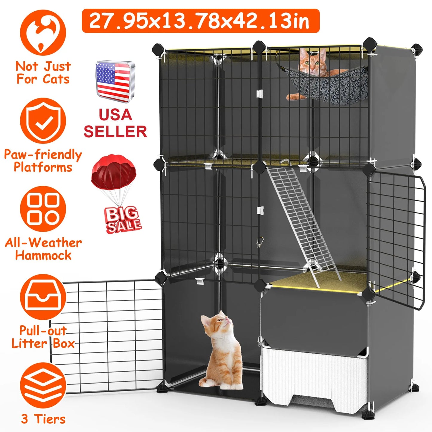 3-Tier Indoor Cat Cage — Cozy Condo with Hammock & Litter Box Space