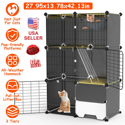 3-Tier Indoor Cat Cage — Cozy Condo with Hammock & Litter Box Space