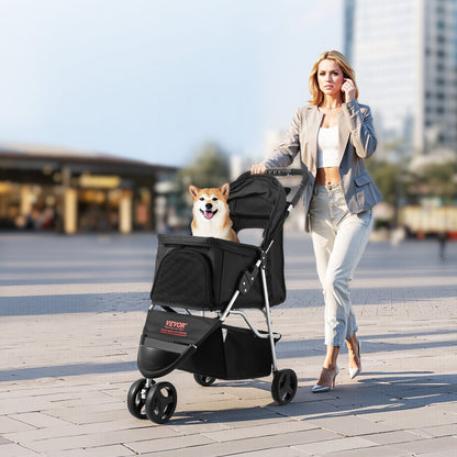Foldable 3-Wheel Pet Stroller — 35 lb Capacity, One-Hand Fold, Mesh Windows, Rust-Resistant Frame