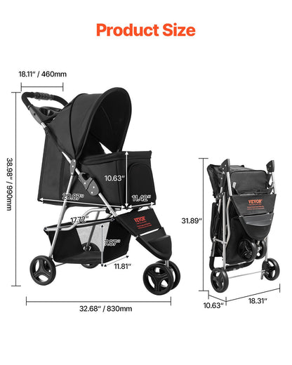 Foldable 3-Wheel Pet Stroller — 35 lb Capacity, One-Hand Fold, Mesh Windows, Rust-Resistant Frame