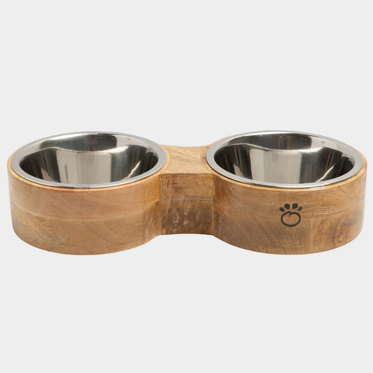Mango Wood Figure-8 Pet Feeder — Handmade in India, Stainless Steel Bowls, S/M/L