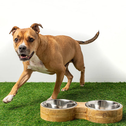 Mango Wood Figure-8 Pet Feeder — Handmade in India, Stainless Steel Bowls, S/M/L