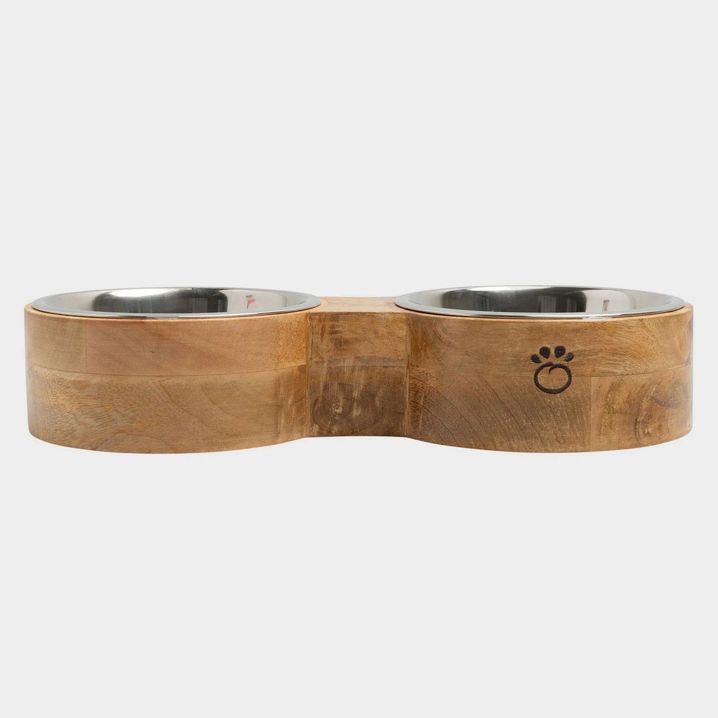 Mango Wood Figure-8 Pet Feeder — Handmade in India, Stainless Steel Bowls, S/M/L