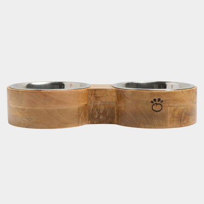 Mango Wood Figure-8 Pet Feeder — Handmade in India, Stainless Steel Bowls, S/M/L