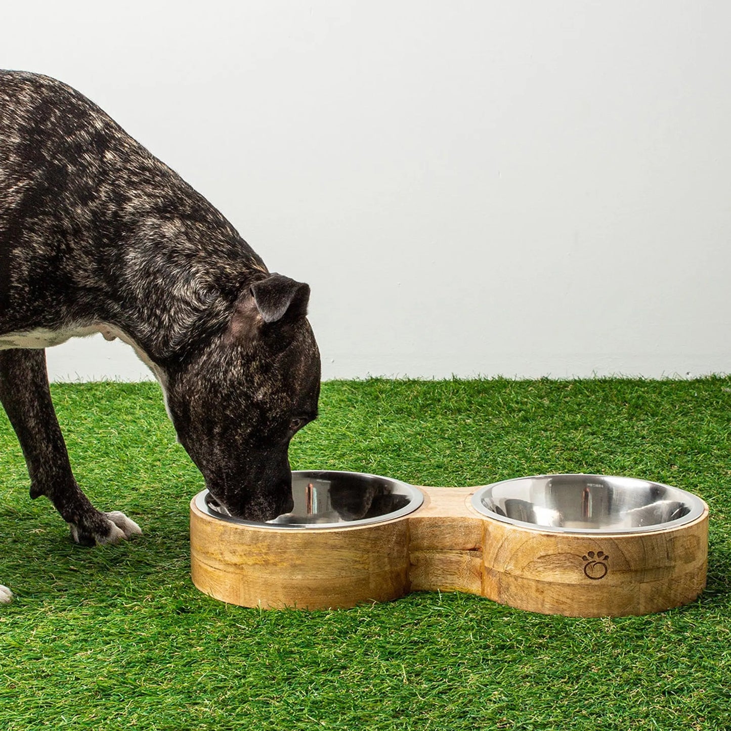 Mango Wood Figure-8 Pet Feeder — Handmade in India, Stainless Steel Bowls, S/M/L