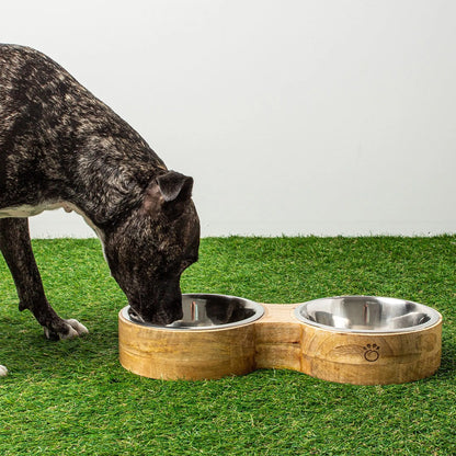 Mango Wood Figure-8 Pet Feeder — Handmade in India, Stainless Steel Bowls, S/M/L