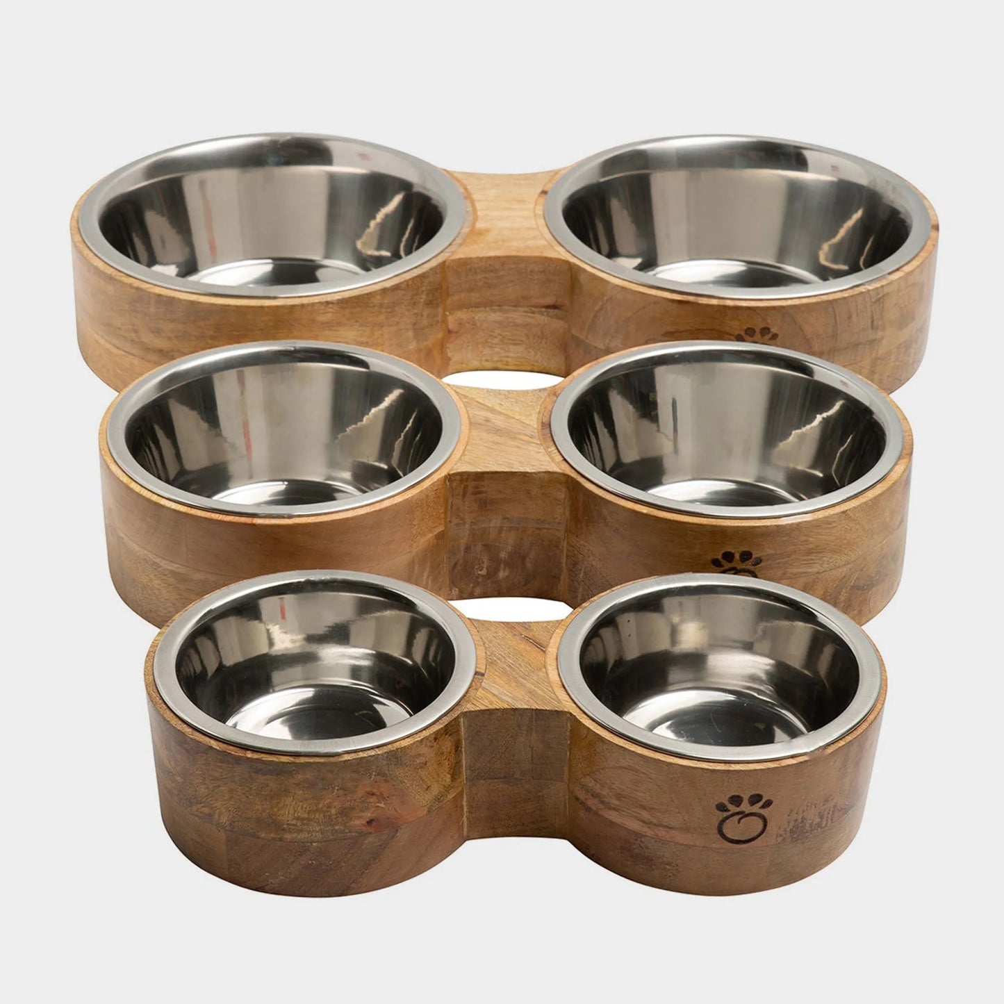Mango Wood Figure-8 Pet Feeder — Handmade in India, Stainless Steel Bowls, S/M/L