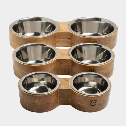 Mango Wood Figure-8 Pet Feeder — Handmade in India, Stainless Steel Bowls, S/M/L