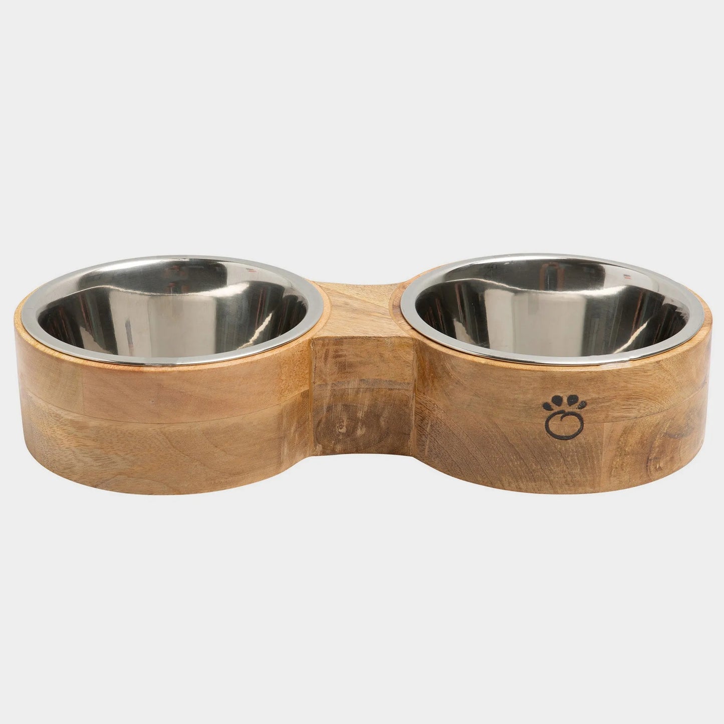 Mango Wood Figure-8 Pet Feeder — Handmade in India, Stainless Steel Bowls, S/M/L