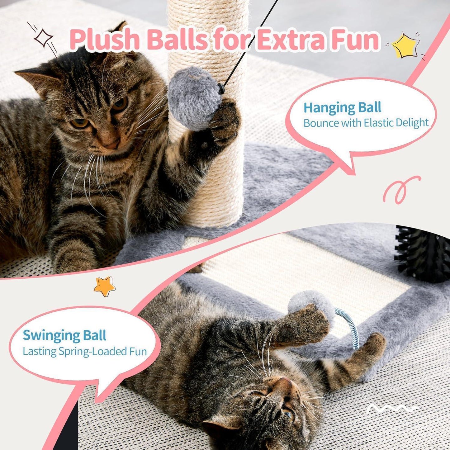 4-in-1 Cat Tree Tower — Play, Scratch, Groom & Rest — Sisal Post, Self-Grooming Brush, Toy Balls