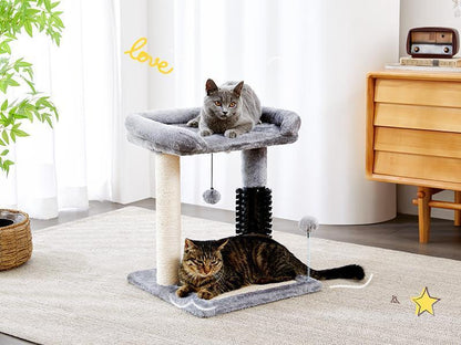 4-in-1 Cat Tree Tower — Play, Scratch, Groom & Rest — Sisal Post, Self-Grooming Brush, Toy Balls