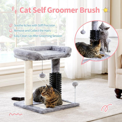 4-in-1 Cat Tree Tower — Play, Scratch, Groom & Rest — Sisal Post, Self-Grooming Brush, Toy Balls