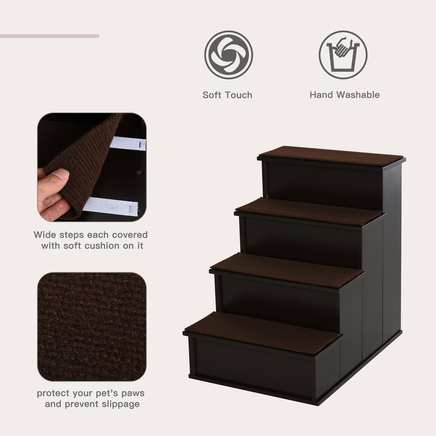 Cushioned Pet Stairs for Small Dogs & Cats – Removable Cover, Brown