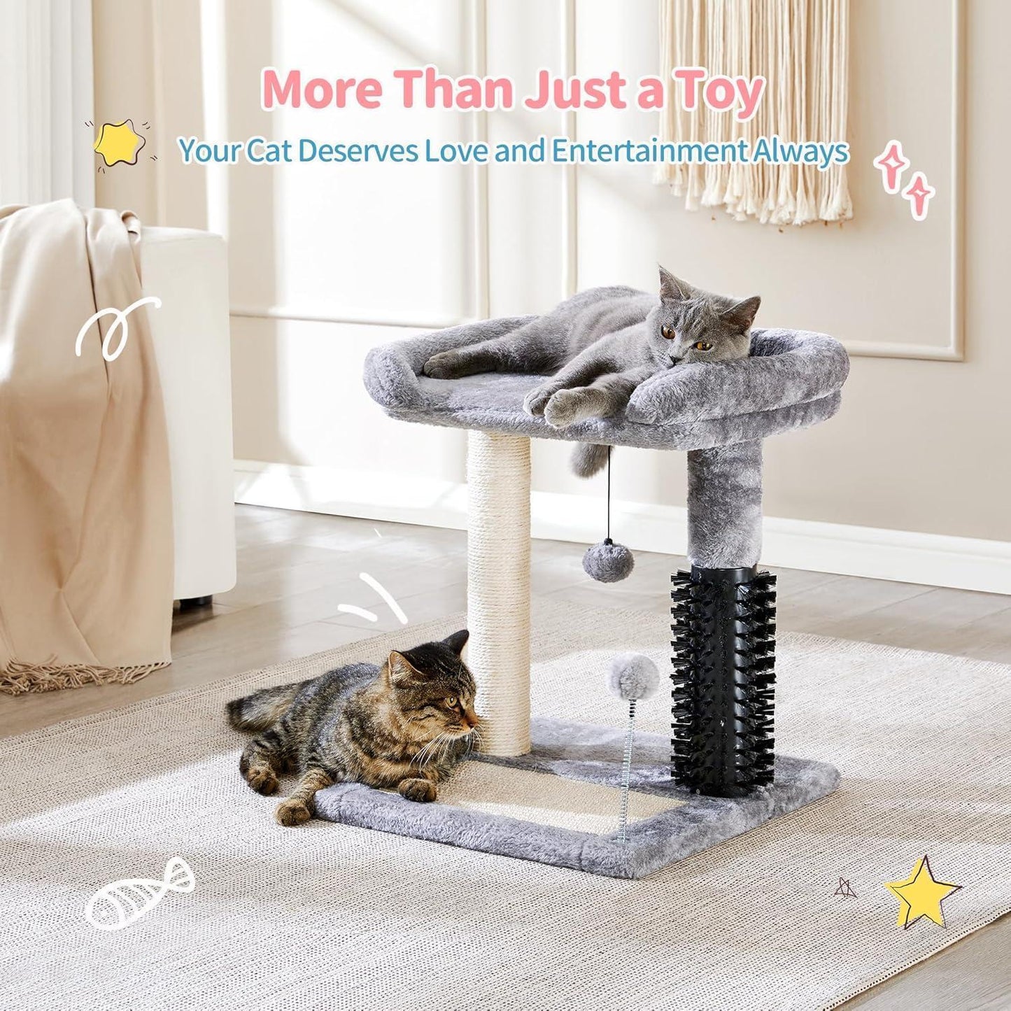 4-in-1 Cat Tree Tower — Play, Scratch, Groom & Rest — Sisal Post, Self-Grooming Brush, Toy Balls