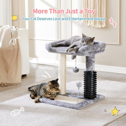 4-in-1 Cat Tree Tower — Play, Scratch, Groom & Rest — Sisal Post, Self-Grooming Brush, Toy Balls