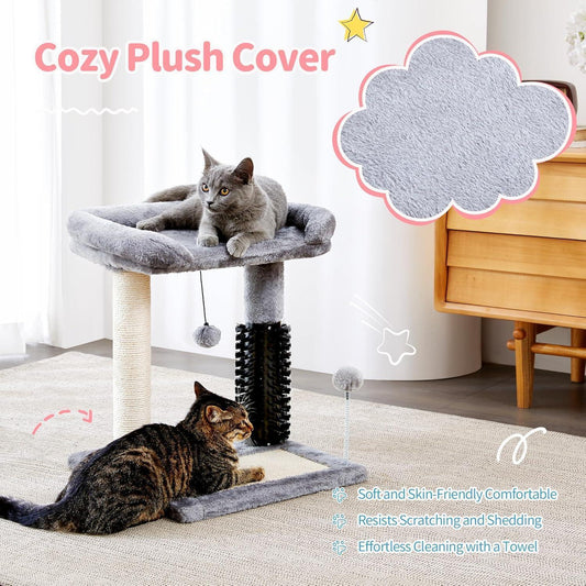 4-in-1 Cat Tree Tower — Play, Scratch, Groom & Rest — Sisal Post, Self-Grooming Brush, Toy Balls
