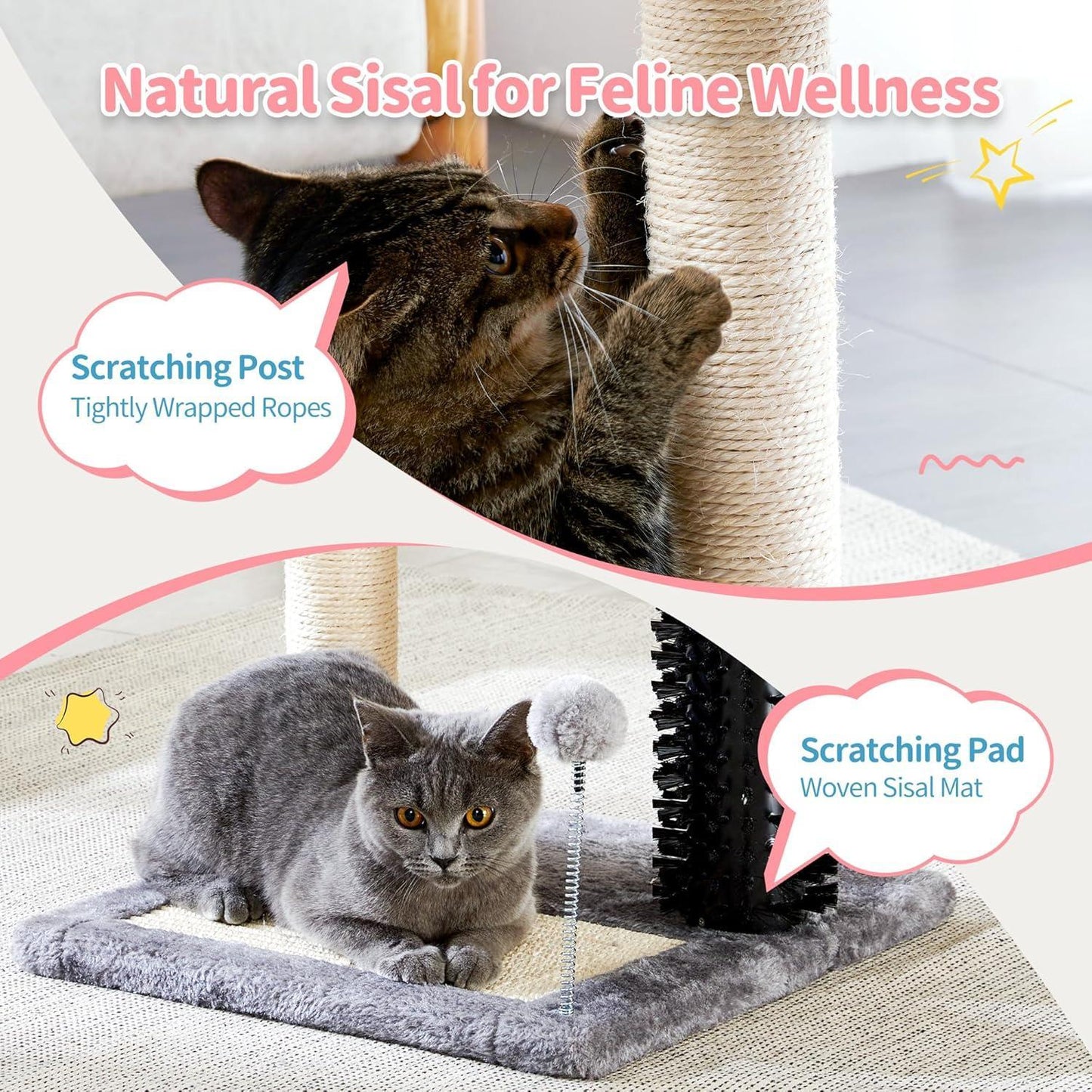 4-in-1 Cat Tree Tower — Play, Scratch, Groom & Rest — Sisal Post, Self-Grooming Brush, Toy Balls
