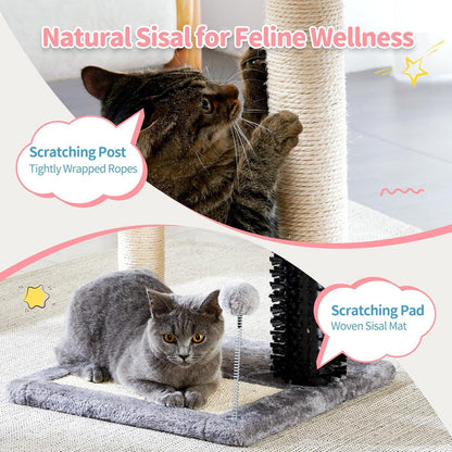4-in-1 Cat Tree Tower — Play, Scratch, Groom & Rest — Sisal Post, Self-Grooming Brush, Toy Balls