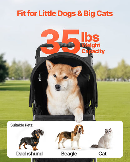 Foldable 3-Wheel Pet Stroller — 35 lb Capacity, One-Hand Fold, Mesh Windows, Rust-Resistant Frame