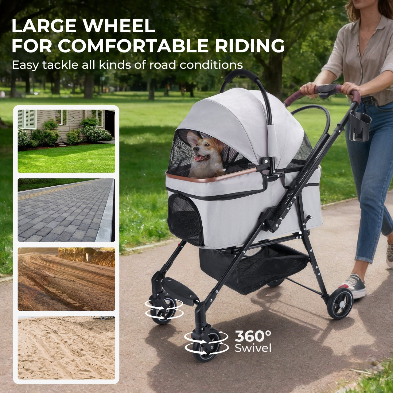 Foldable Pet Stroller — 360° Wheels, Full Suspension & Canopy for Dogs & Cats