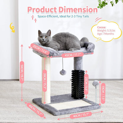4-in-1 Cat Tree Tower — Play, Scratch, Groom & Rest — Sisal Post, Self-Grooming Brush, Toy Balls