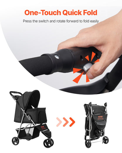 Foldable 3-Wheel Pet Stroller — 35 lb Capacity, One-Hand Fold, Mesh Windows, Rust-Resistant Frame