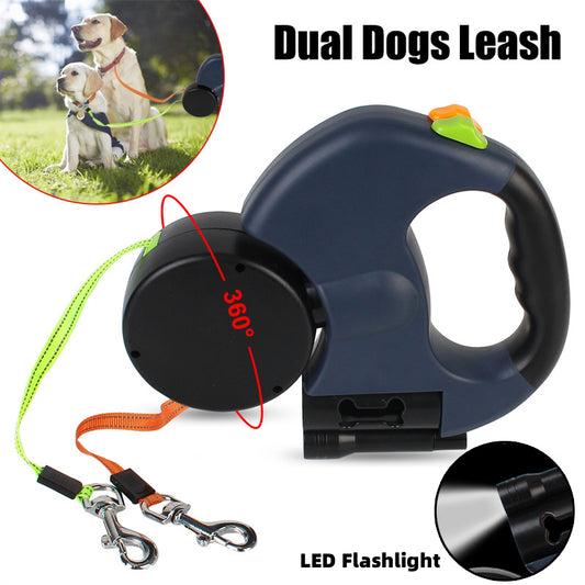 LED Retractable Dog Leash — Built-In Lights, Reflective, 360° Swivel, Dual Dog, Small Dogs