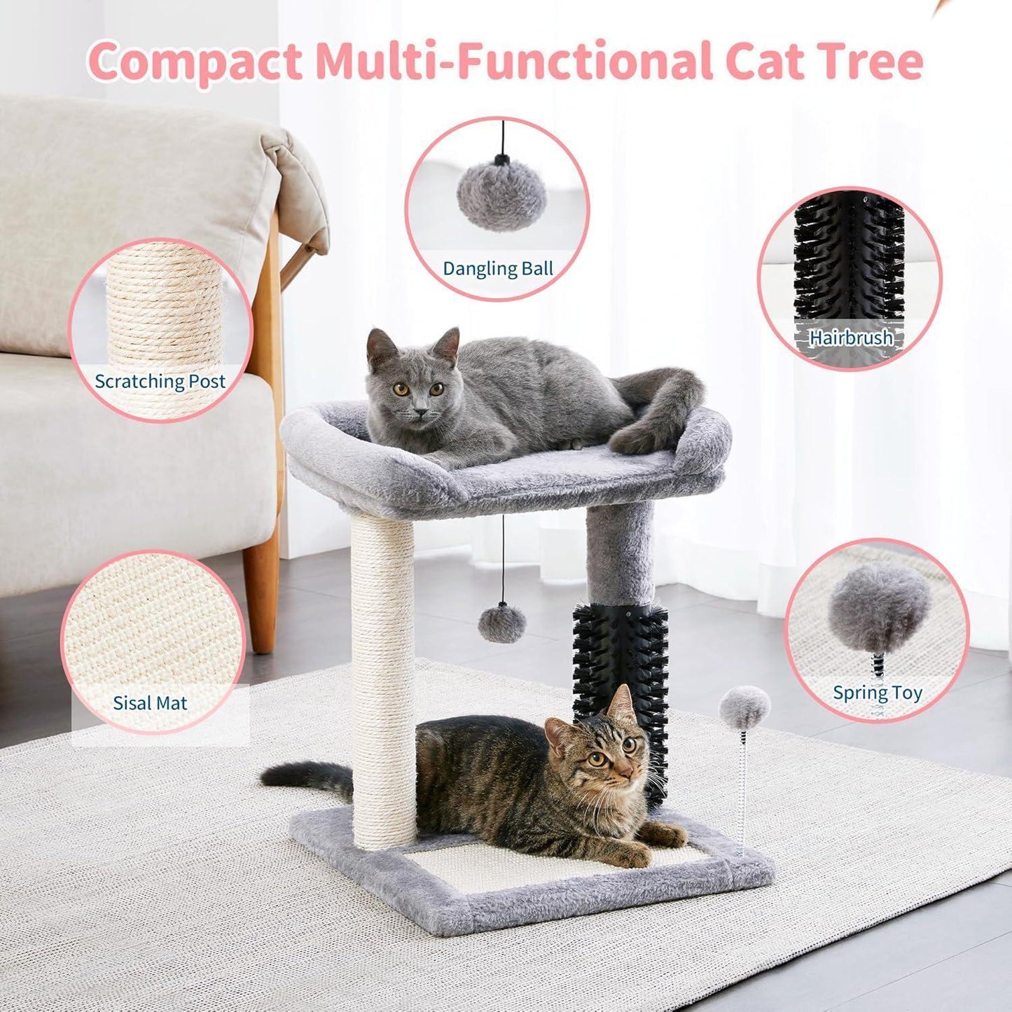 4-in-1 Cat Tree Tower — Play, Scratch, Groom & Rest — Sisal Post, Self-Grooming Brush, Toy Balls