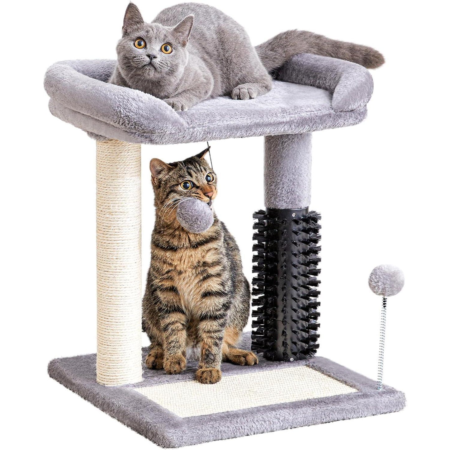4-in-1 Cat Tree Tower — Play, Scratch, Groom & Rest — Sisal Post, Self-Grooming Brush, Toy Balls