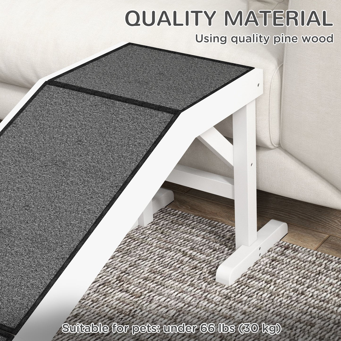 60" Pet Ramp for Dogs & Cats — Anti-Slip Carpet, Flat Top Platform, 66 lb Capacity, Pine Wood
