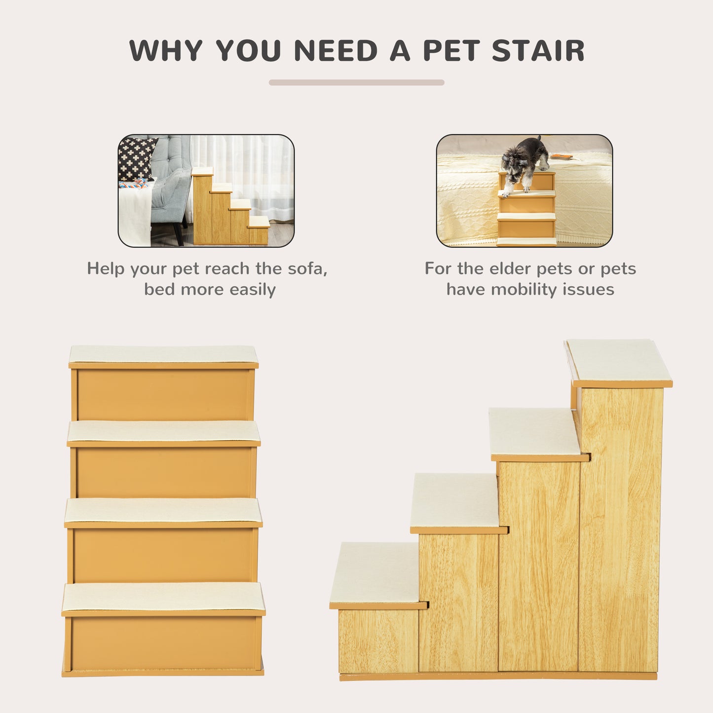 Pet Stairs for Dogs & Cats up to 22 lbs – Cushioned Removable Cover, Natural