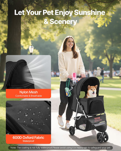 Foldable 3-Wheel Pet Stroller — 35 lb Capacity, One-Hand Fold, Mesh Windows, Rust-Resistant Frame