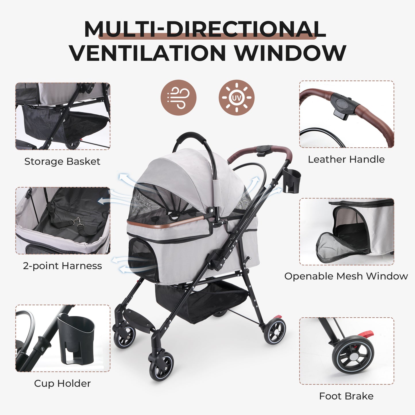 Foldable Pet Stroller — 360° Wheels, Full Suspension & Canopy for Dogs & Cats