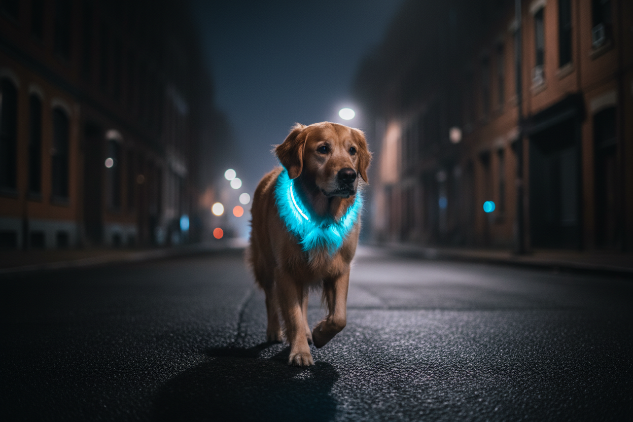 Dog wearing LED collar glowing at night — Premium Paw Supply